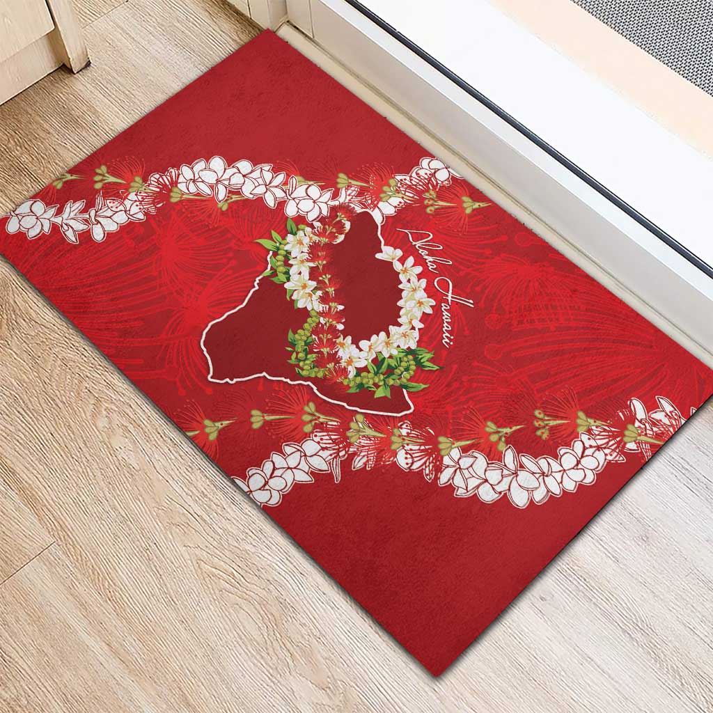 Hawaii Island Flowers Lei Rubber Doormat Ohia Lehua Scarlet Red