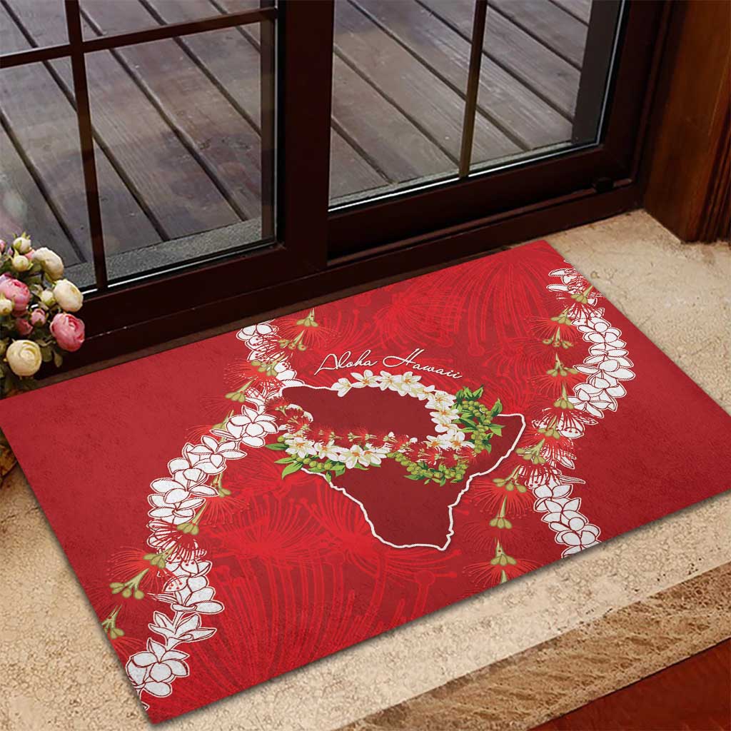 Hawaii Island Flowers Lei Rubber Doormat Ohia Lehua Scarlet Red