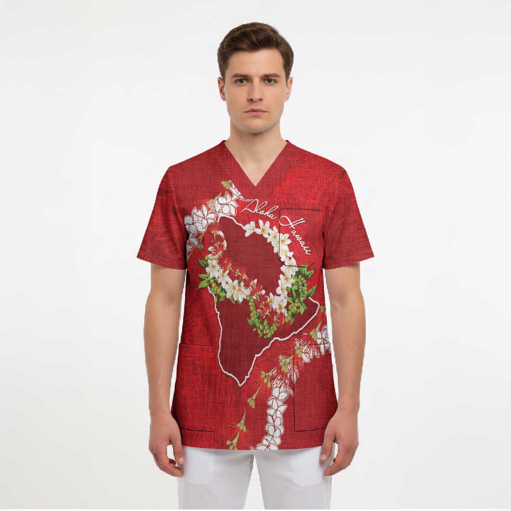 Hawaii Island Flowers Lei Scrub Top Ohia Lehua Scarlet Red