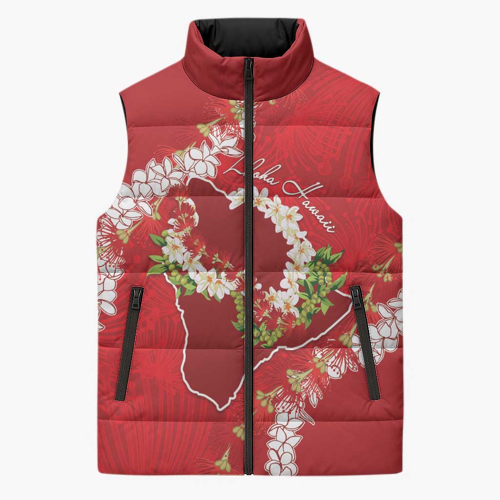Hawaii Island Flowers Lei Sleeveless Puffer Jacket Ohia Lehua Scarlet Red LT7 Unisex Red - Polynesian Pride
