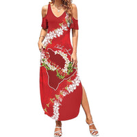 Hawaii Island Flowers Lei Summer Maxi Dress Ohia Lehua Scarlet Red LT7 Women Red - Polynesian Pride