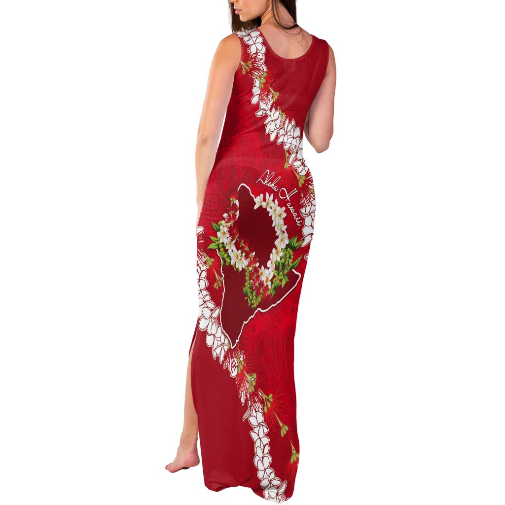 Hawaii Island Flowers Lei Tank Maxi Dress Ohia Lehua Scarlet Red LT7 - Polynesian Pride
