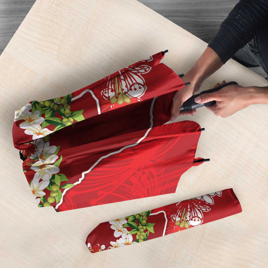 Hawaii Island Flowers Lei Umbrella Ohia Lehua Scarlet Red
