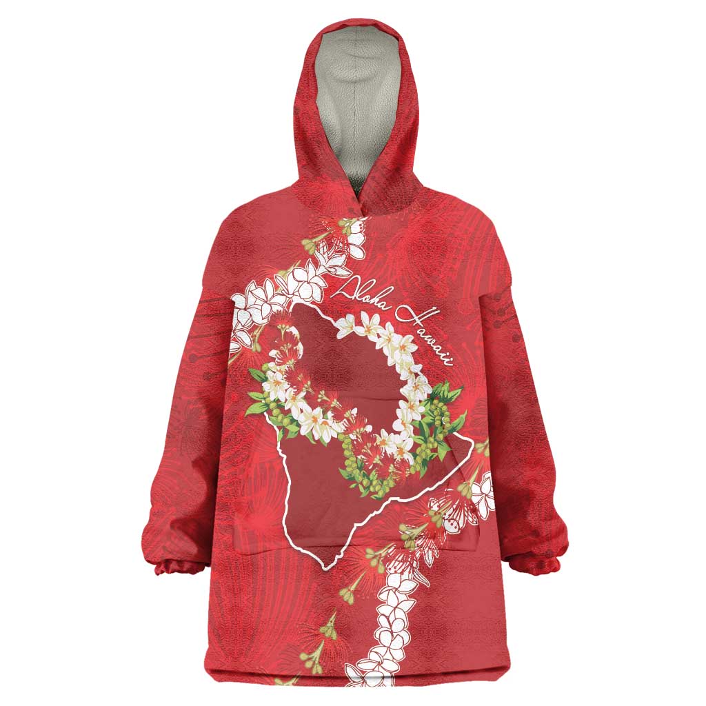 Hawaii Island Flowers Lei Wearable Blanket Hoodie Ohia Lehua Scarlet Red