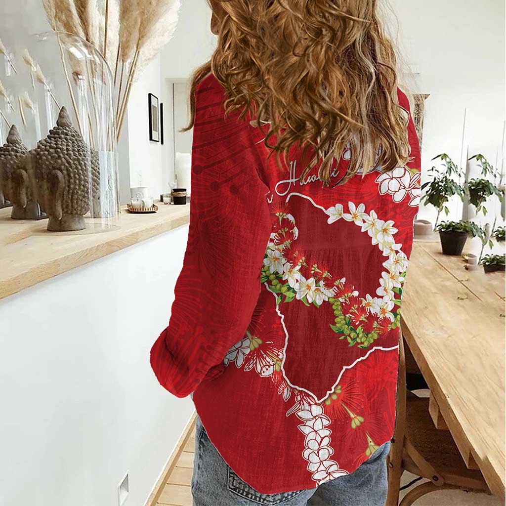 Hawaii Island Flowers Lei Women Casual Shirt Ohia Lehua Scarlet Red
