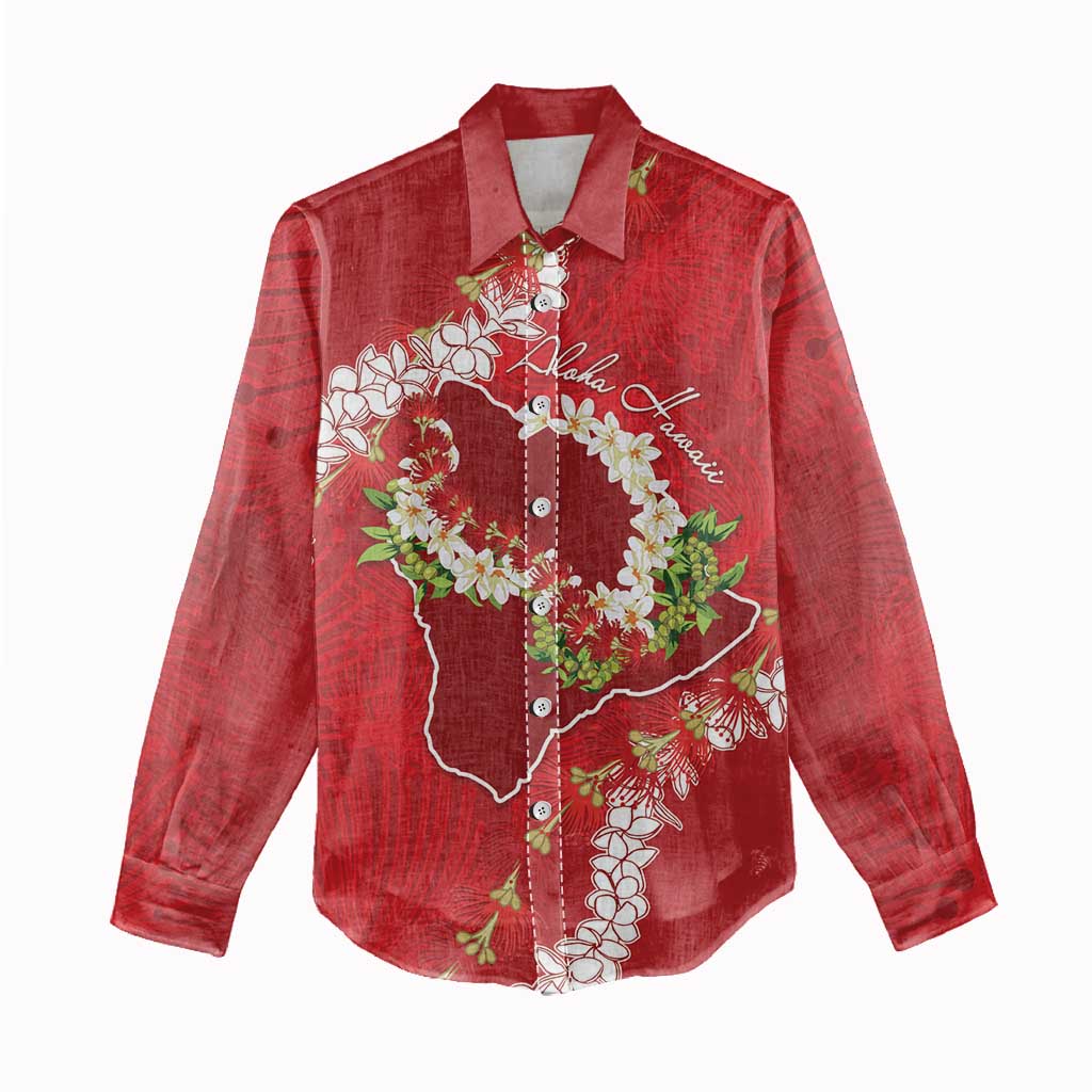 Hawaii Island Flowers Lei Women Casual Shirt Ohia Lehua Scarlet Red
