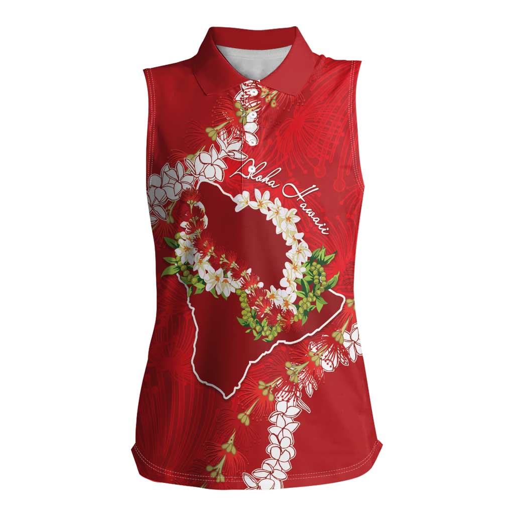 Hawaii Island Flowers Lei Women Sleeveless Polo Shirt Ohia Lehua Scarlet Red
