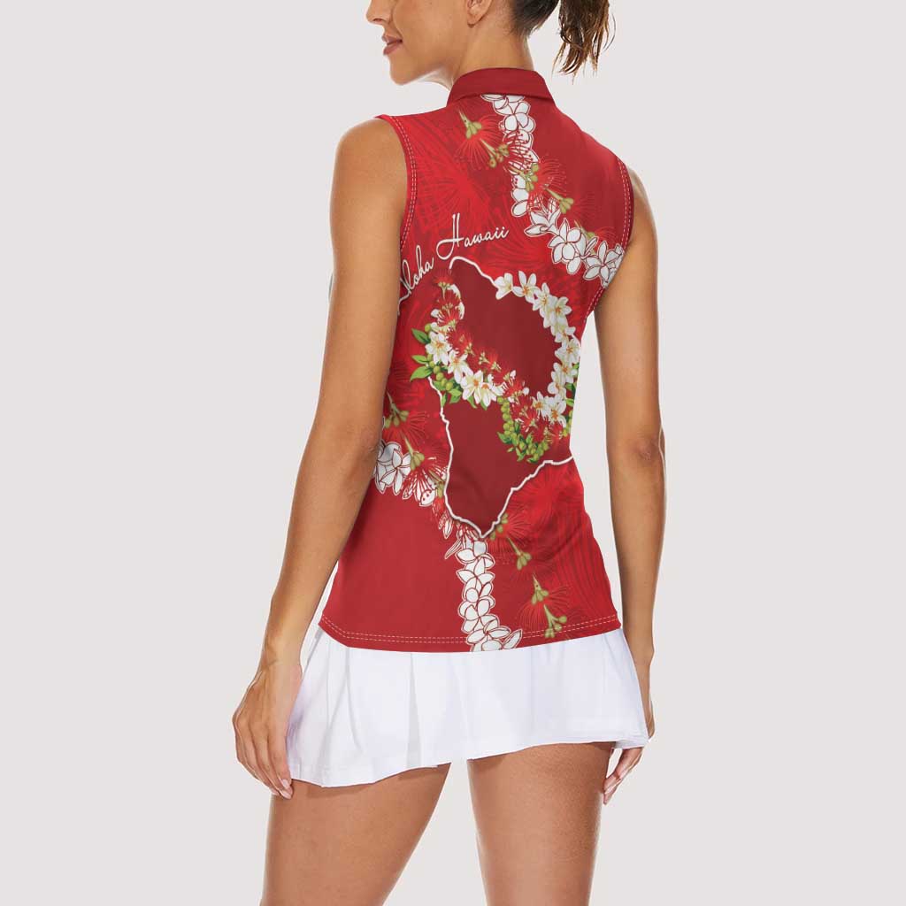 Hawaii Island Flowers Lei Women Sleeveless Polo Shirt Ohia Lehua Scarlet Red