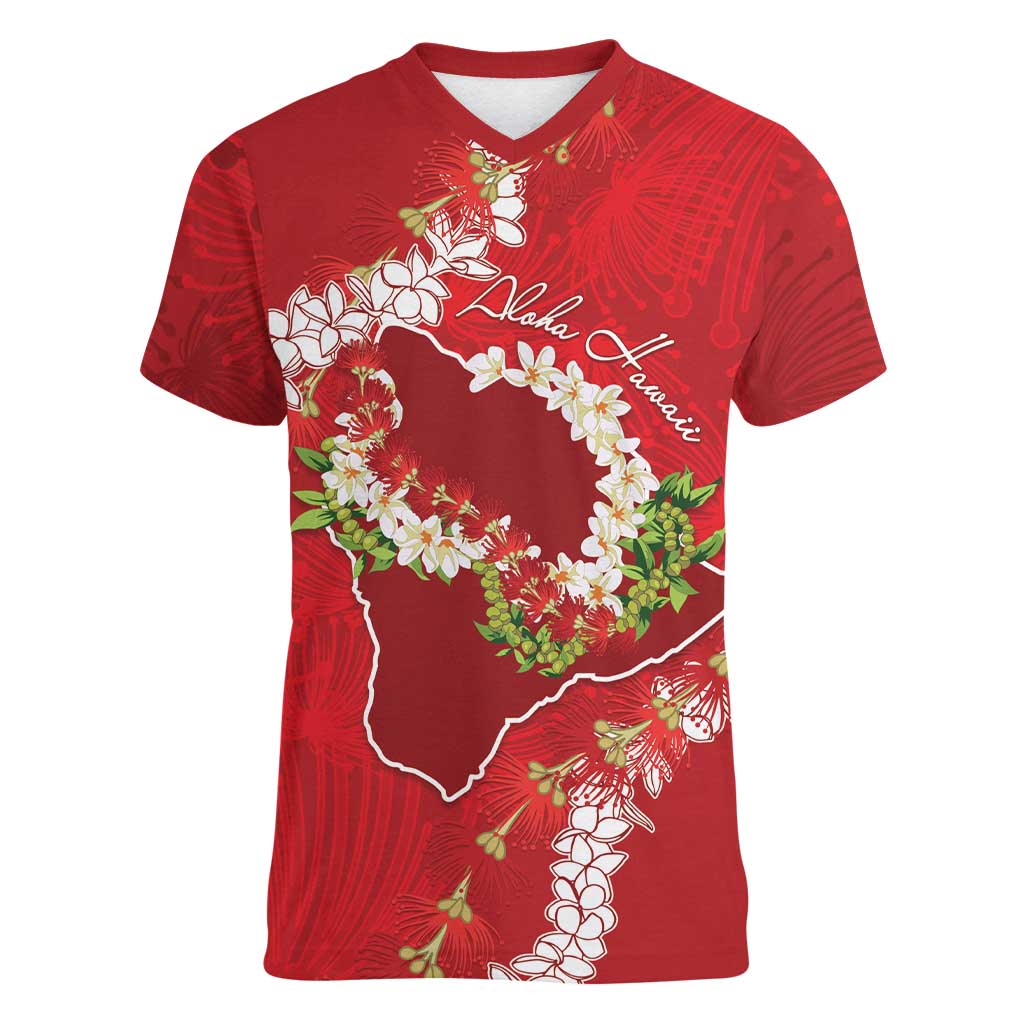 Hawaii Island Flowers Lei Women V-Neck T-Shirt Ohia Lehua Scarlet Red