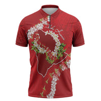 Hawaii Island Flowers Lei Zipper Polo Shirt Ohia Lehua Scarlet Red LT7 Red - Polynesian Pride