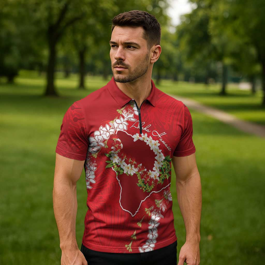 Hawaii Island Flowers Lei Zipper Polo Shirt Ohia Lehua Scarlet Red LT7 - Polynesian Pride