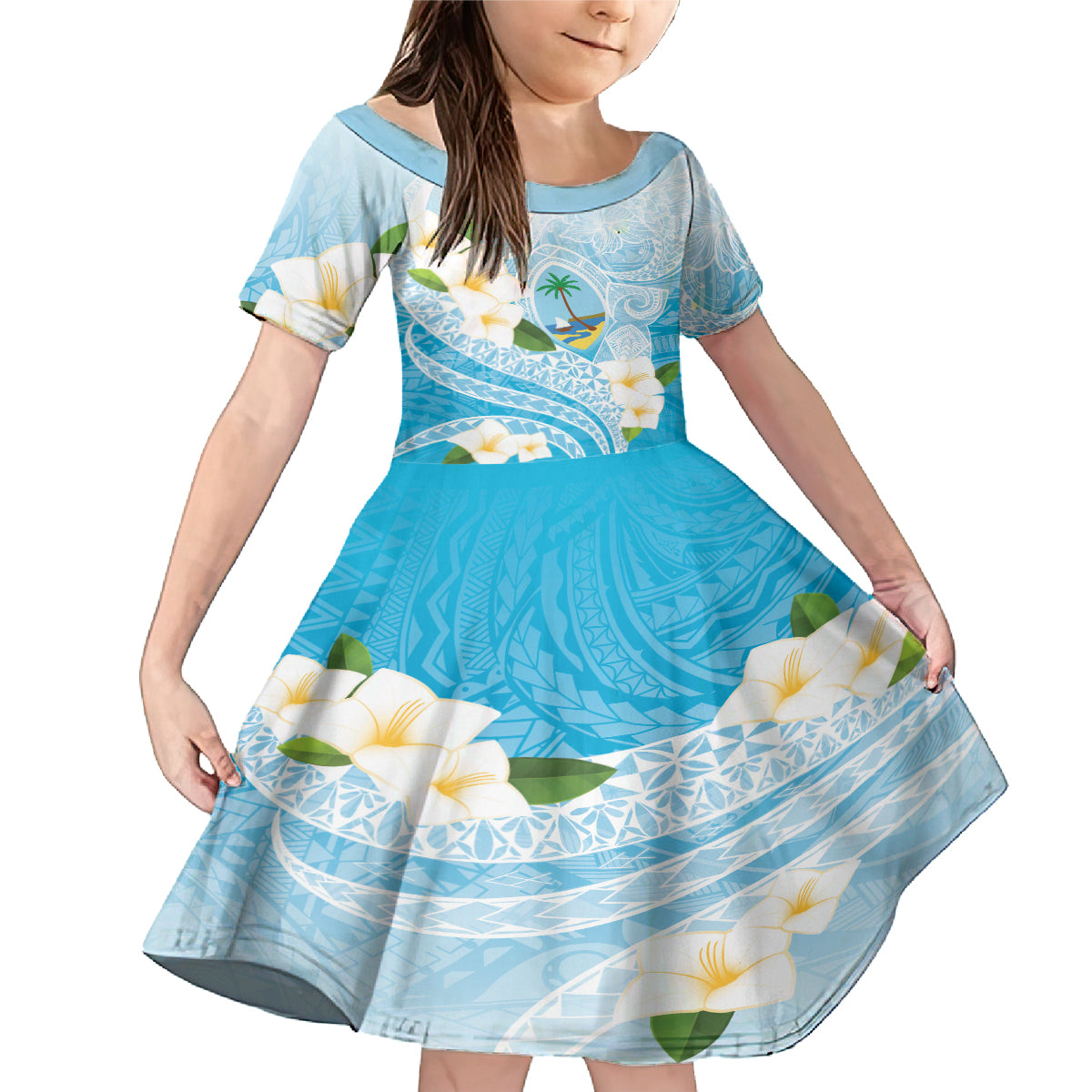 Guam Chamorro Guasali Flowers Family Matching Mermaid Dress and Hawaiian Shirt Aqua Gradient LT7 Daughter's Dress Aquamarine - Polynesian Pride