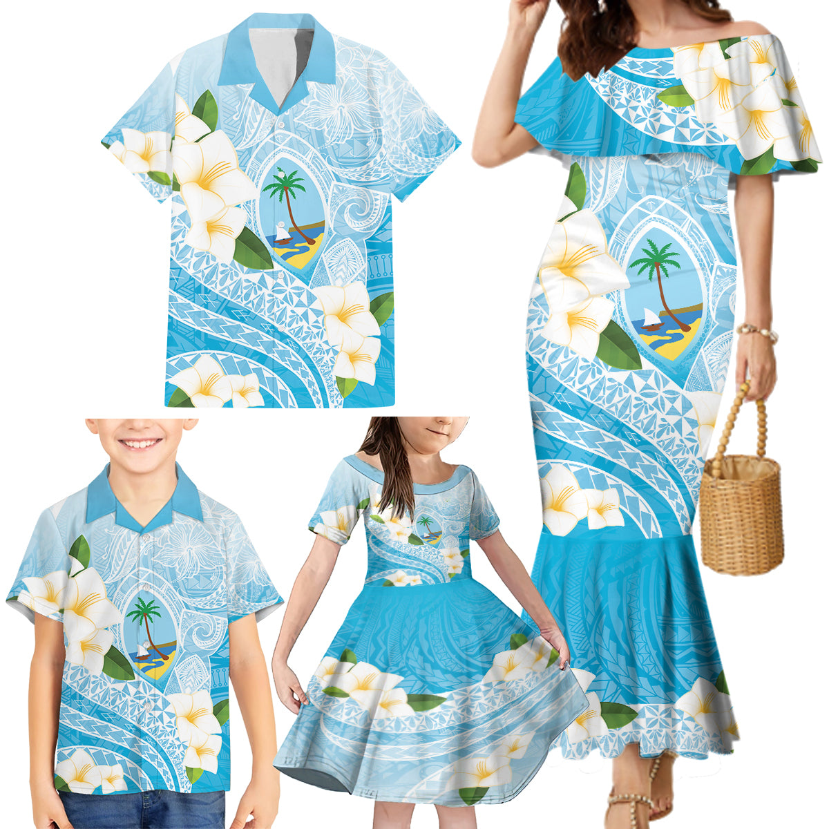 Guam Chamorro Guasali Flowers Family Matching Mermaid Dress and Hawaiian Shirt Aqua Gradient LT7 - Polynesian Pride