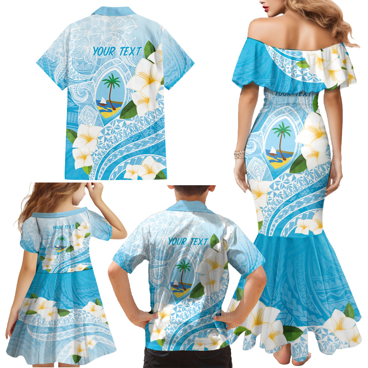 Guam Chamorro Guasali Flowers Family Matching Mermaid Dress and Hawaiian Shirt Aqua Gradient LT7 - Polynesian Pride