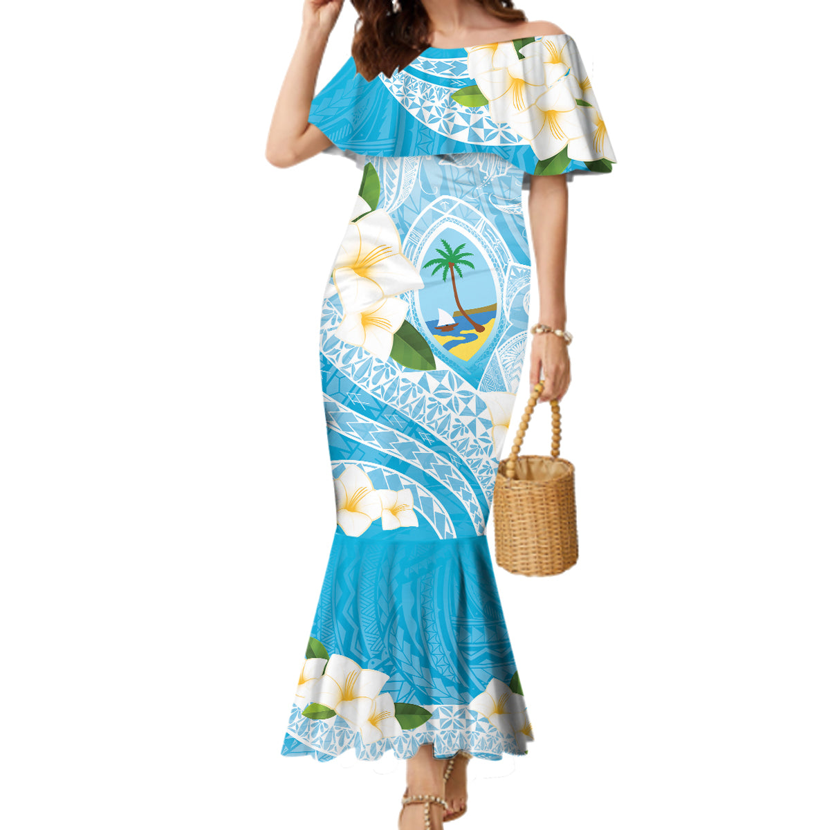 Guam Chamorro Guasali Flowers Family Matching Mermaid Dress and Hawaiian Shirt Aqua Gradient LT7 Mom's Dress Aquamarine - Polynesian Pride