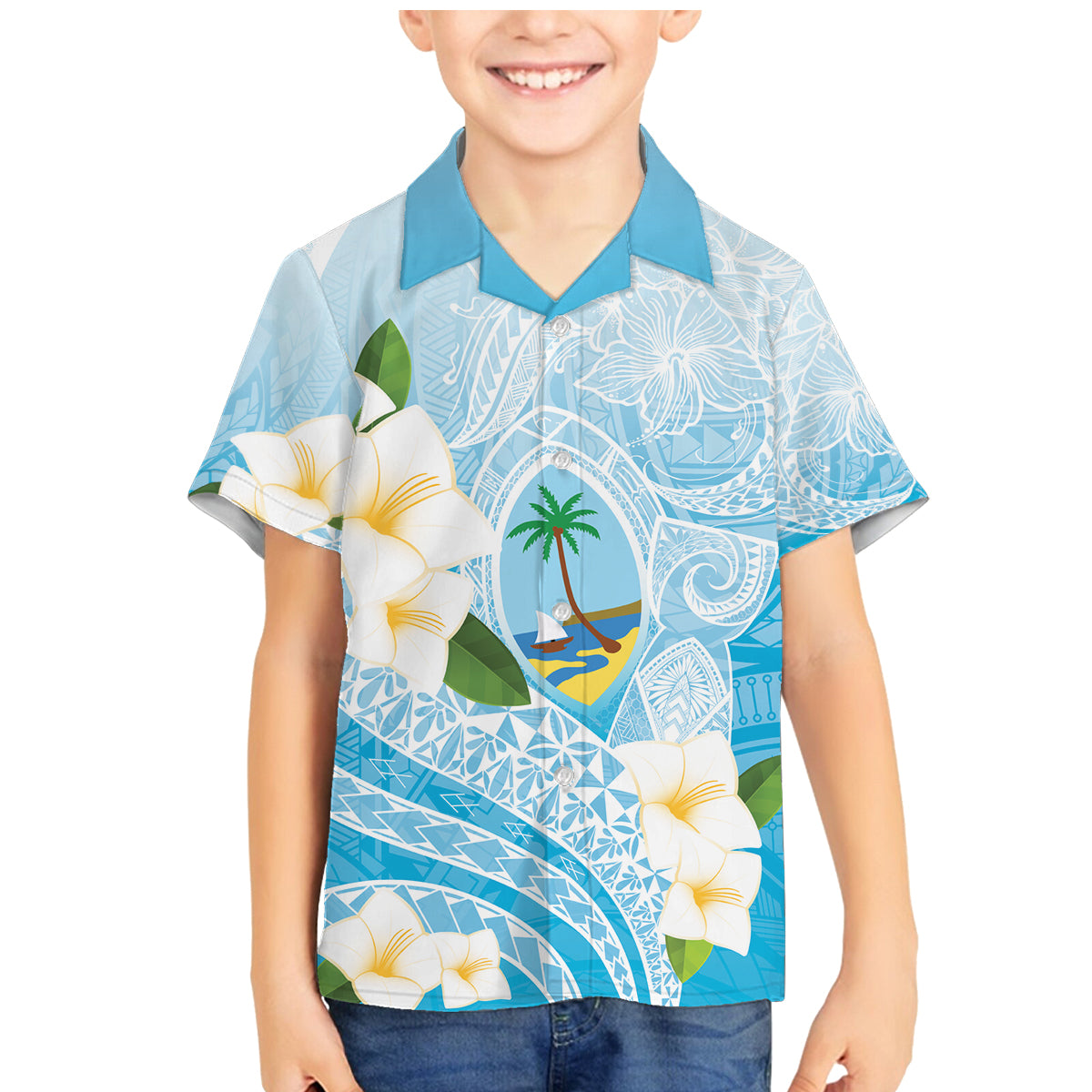 Guam Chamorro Guasali Flowers Family Matching Mermaid Dress and Hawaiian Shirt Aqua Gradient LT7 Son's Shirt Aquamarine - Polynesian Pride