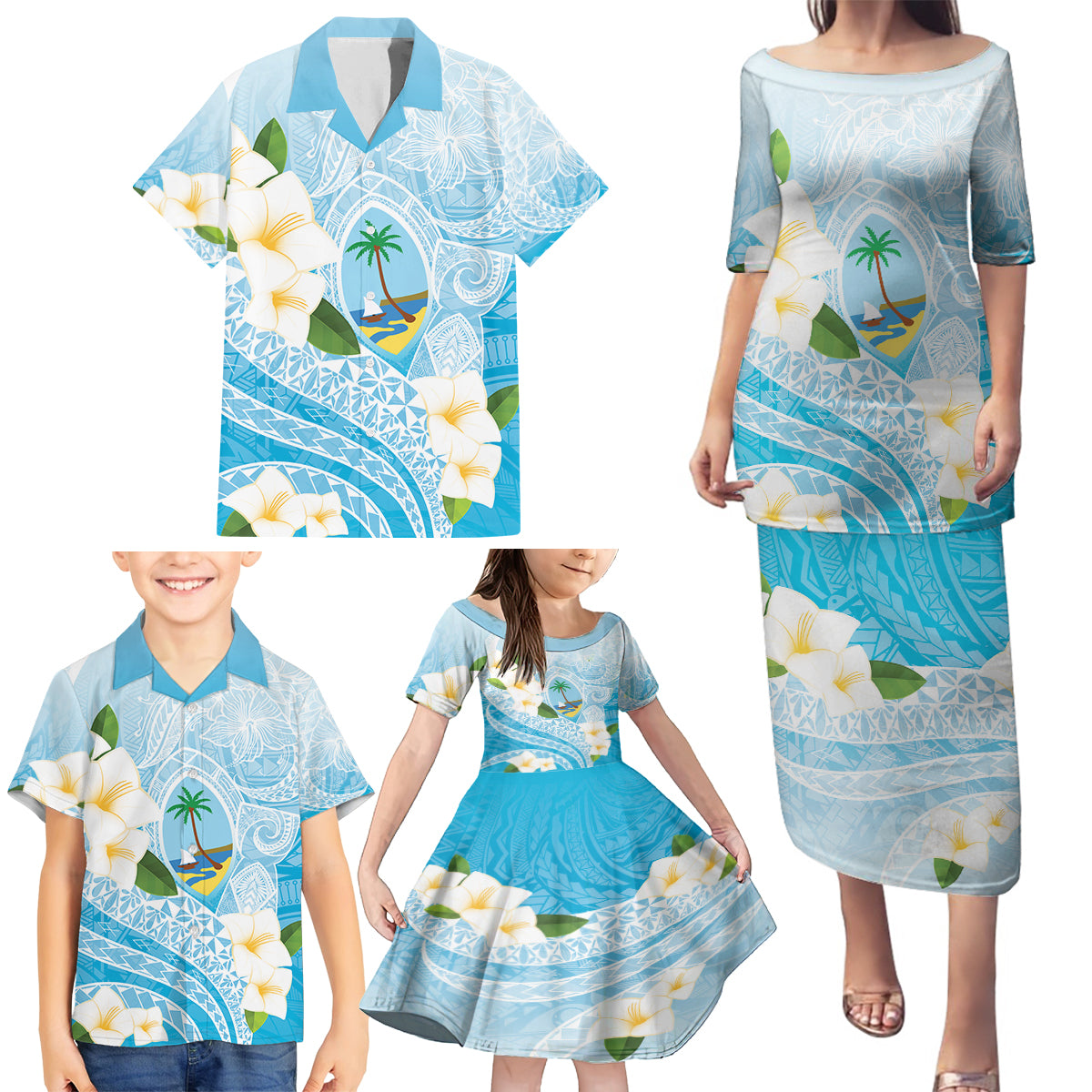 Guam Chamorro Guasali Flowers Family Matching Puletasi and Hawaiian Shirt Aqua Gradient LT7 - Polynesian Pride