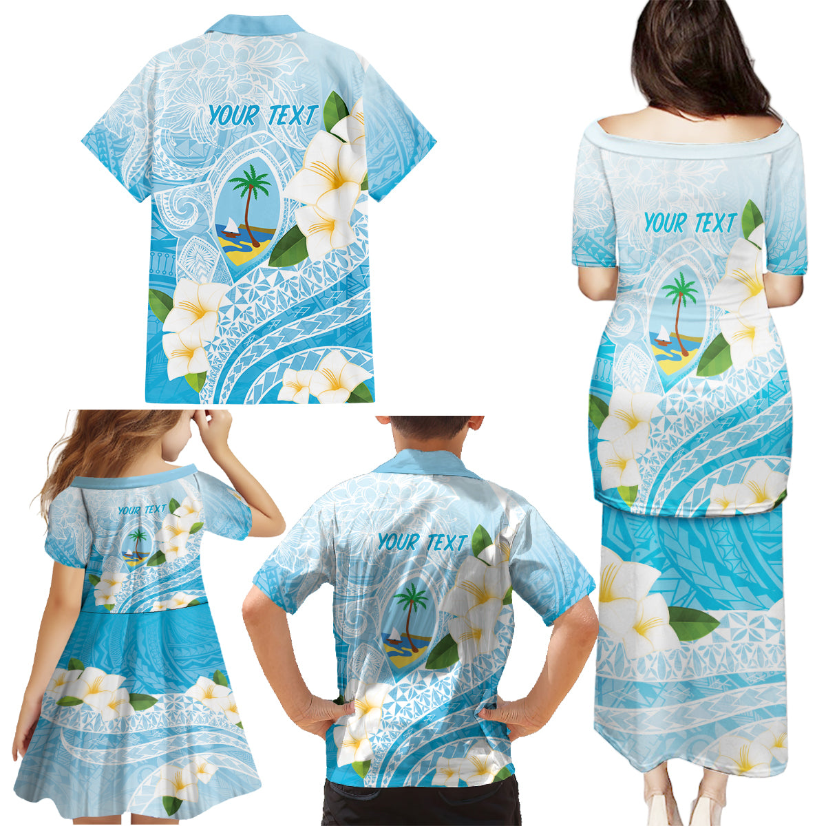 Guam Chamorro Guasali Flowers Family Matching Puletasi and Hawaiian Shirt Aqua Gradient LT7 - Polynesian Pride