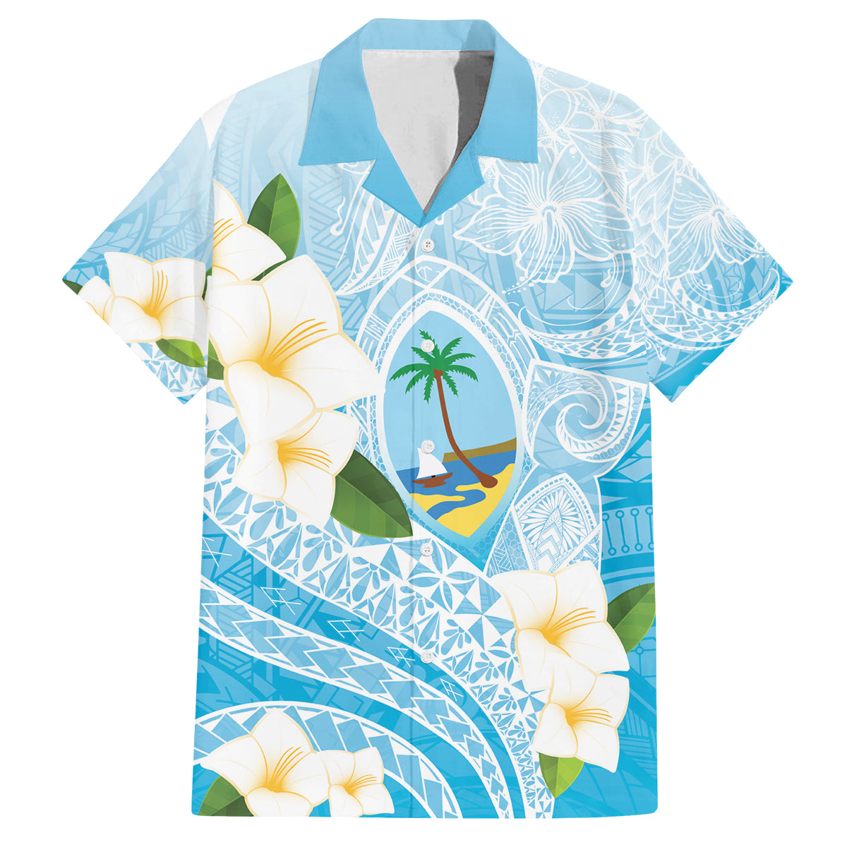 Guam Chamorro Guasali Flowers Family Matching Puletasi and Hawaiian Shirt Aqua Gradient LT7 Dad's Shirt - Short Sleeve Aquamarine - Polynesian Pride
