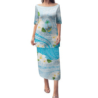 Guam Chamorro Guasali Flowers Family Matching Puletasi and Hawaiian Shirt Aqua Gradient LT7 Mom's Dress Aquamarine - Polynesian Pride
