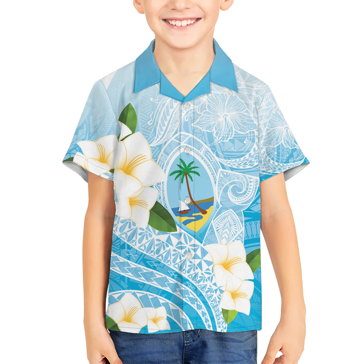 Guam Chamorro Guasali Flowers Family Matching Short Sleeve Bodycon Dress and Hawaiian Shirt Aqua Gradient