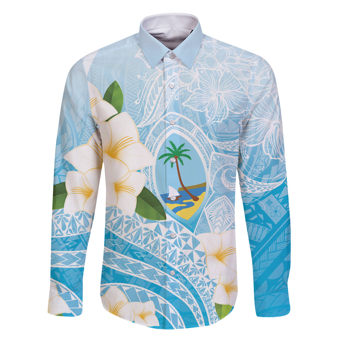 Guam Chamorro Guasali Flowers Family Matching Summer Maxi Dress and Hawaiian Shirt Aqua Gradient LT7 Dad's Shirt - Long Sleeve Aquamarine - Polynesian Pride