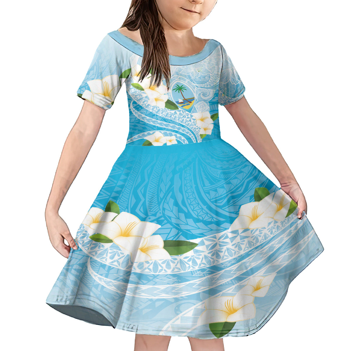 Guam Chamorro Guasali Flowers Family Matching Tank Maxi Dress and Hawaiian Shirt Aqua Gradient LT7 Daughter's Dress Aquamarine - Polynesian Pride