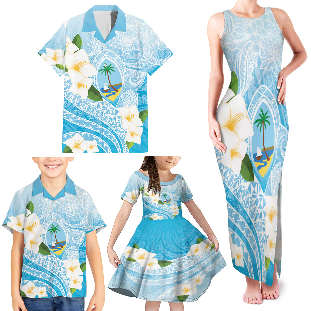 Guam Chamorro Guasali Flowers Family Matching Tank Maxi Dress and Hawaiian Shirt Aqua Gradient LT7 - Polynesian Pride
