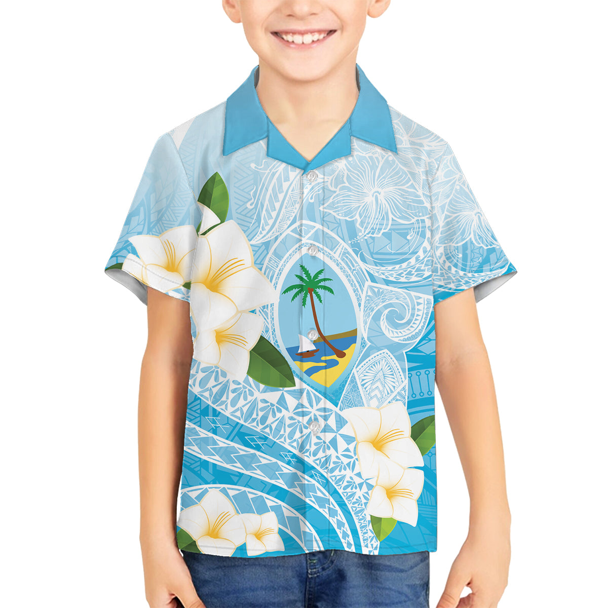 Guam Chamorro Guasali Flowers Family Matching Tank Maxi Dress and Hawaiian Shirt Aqua Gradient LT7 Son's Shirt Aquamarine - Polynesian Pride