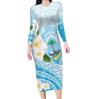 Guam Chamorro Guasali Flowers Long Sleeve Bodycon Dress Aqua Gradient LT7 Long Dress Aquamarine - Polynesian Pride