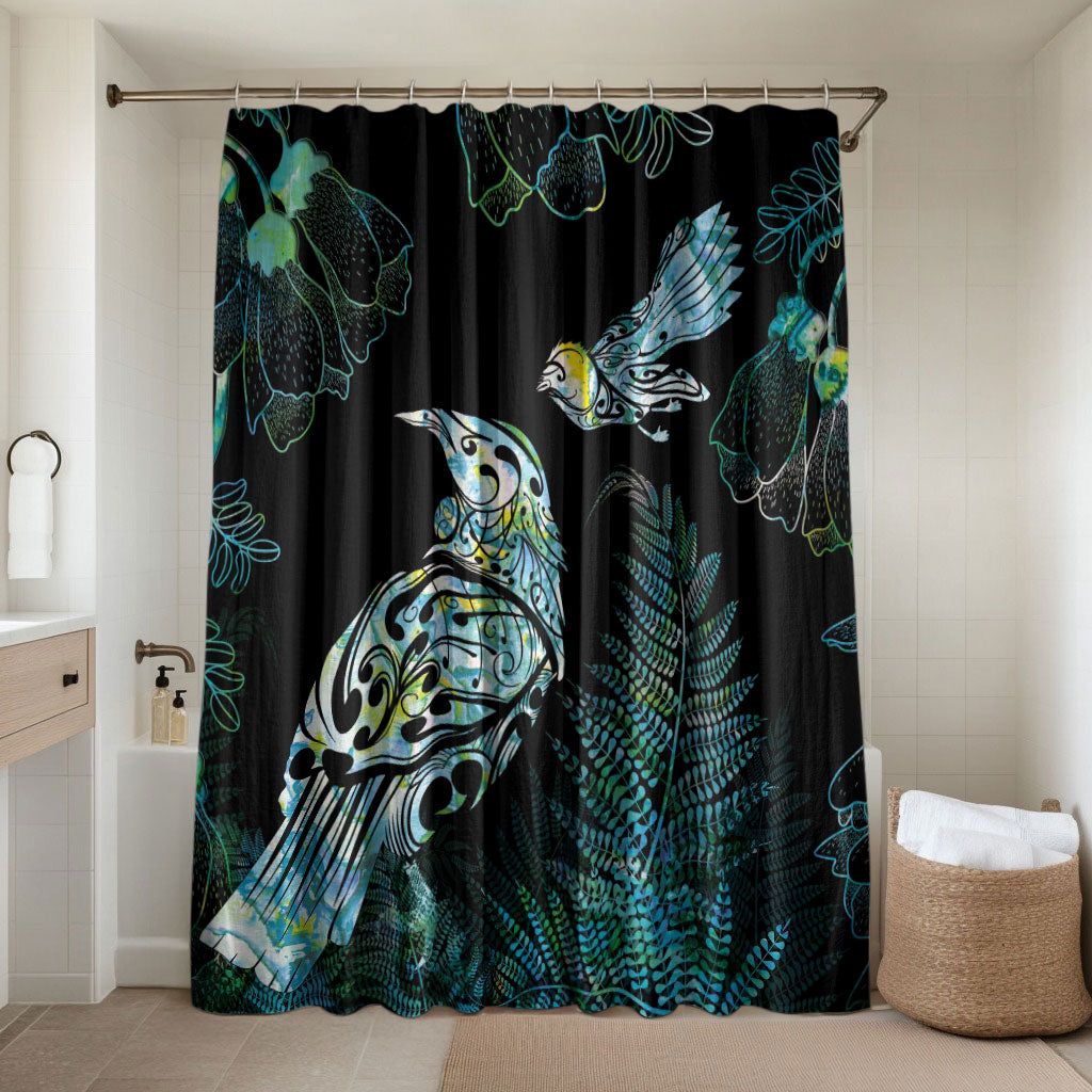 Aotearoa Maori Mahuru Bathroom Set Spring Time - Paua Shell Green LT7 Shower Curtain Only Black - Polynesian Pride