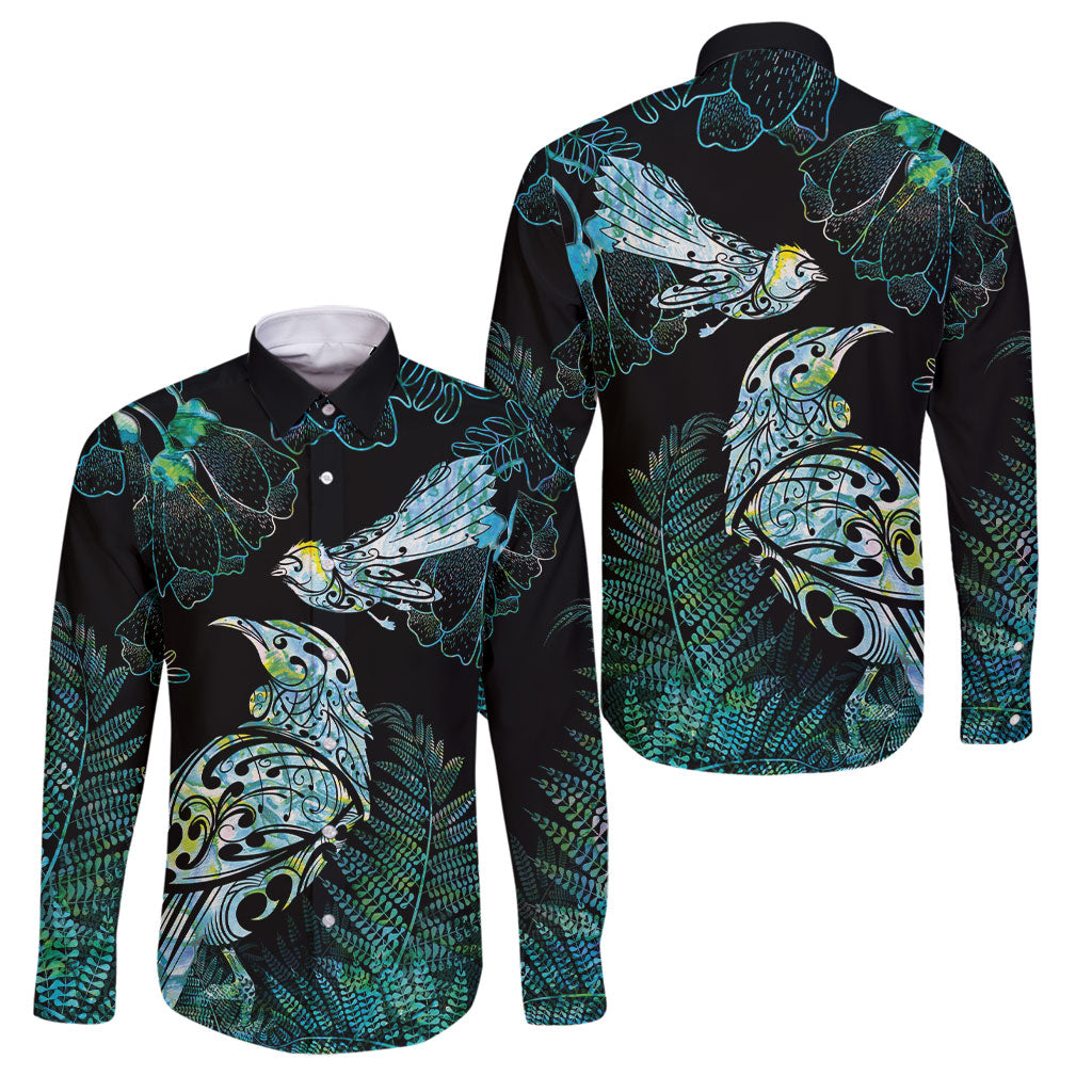 Aotearoa Maori Mahuru Family Matching Off The Shoulder Long Sleeve Dress and Hawaiian Shirt Spring Time - Paua Shell Green LT7 Dad's Shirt - Long Sleeve Black - Polynesian Pride