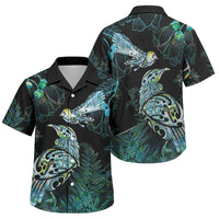 Aotearoa Maori Mahuru Family Matching Off The Shoulder Long Sleeve Dress and Hawaiian Shirt Spring Time - Paua Shell Green LT7 Son's Shirt Black - Polynesian Pride