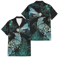 Aotearoa Maori Mahuru Family Matching Off Shoulder Maxi Dress and Hawaiian Shirt Spring Time - Paua Shell Green LT7 Dad's Shirt - Short Sleeve Black - Polynesian Pride