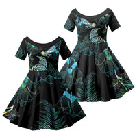 Aotearoa Maori Mahuru Family Matching Off Shoulder Maxi Dress and Hawaiian Shirt Spring Time - Paua Shell Green LT7 Daughter's Dress Black - Polynesian Pride