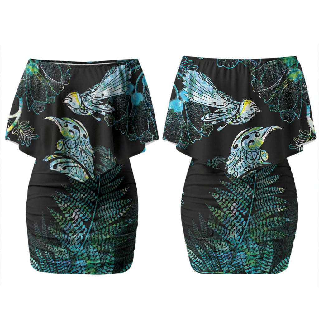 Aotearoa Maori Mahuru Family Matching Off Shoulder Short Dress and Hawaiian Shirt Spring Time - Paua Shell Green LT7 Mom's Dress Black - Polynesian Pride