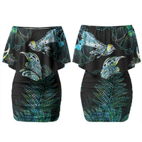 Aotearoa Maori Mahuru Family Matching Off Shoulder Short Dress and Hawaiian Shirt Spring Time - Paua Shell Green LT7 Mom's Dress Black - Polynesian Pride