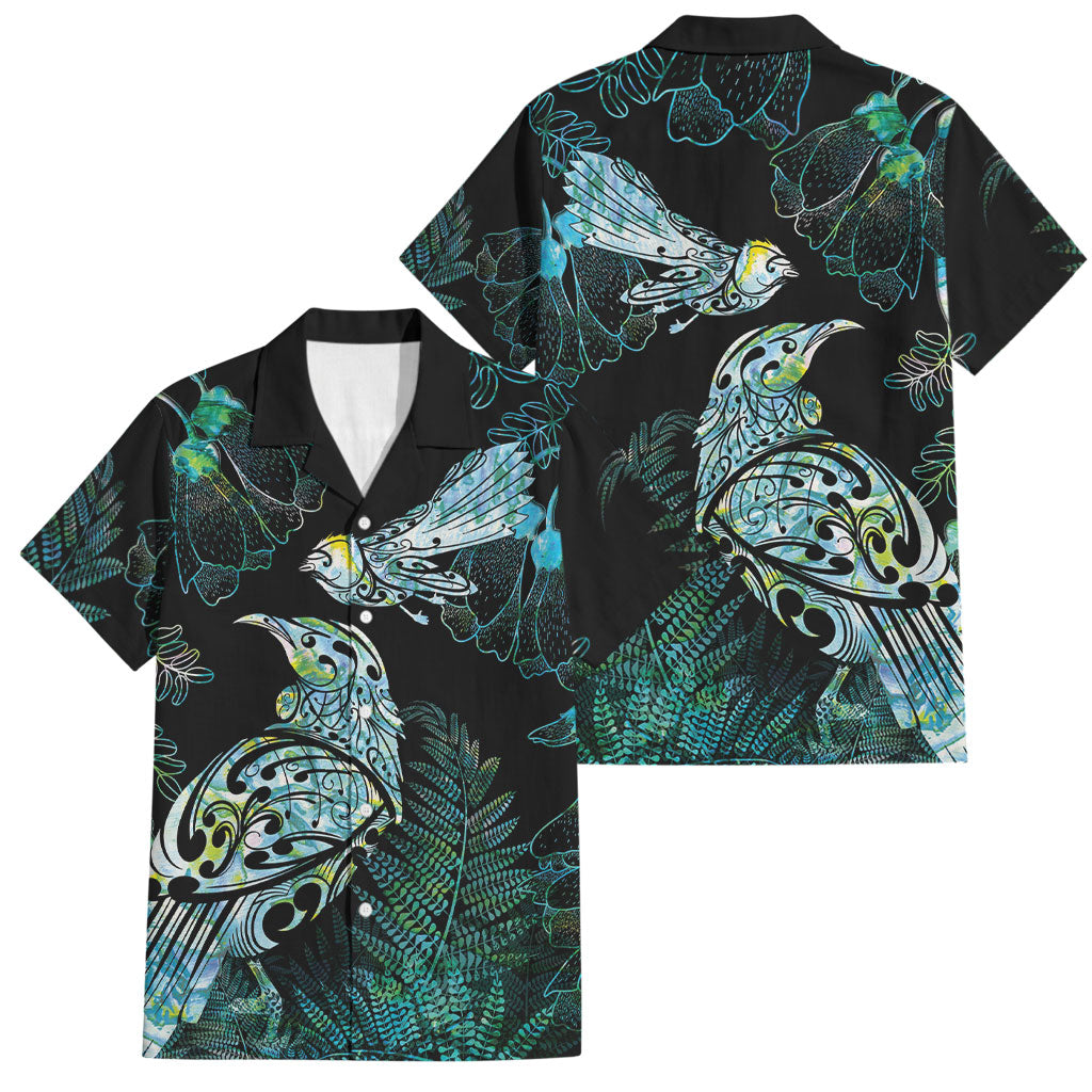 Aotearoa Maori Mahuru Family Matching Tank Maxi Dress and Hawaiian Shirt Spring Time - Paua Shell Green LT7 Dad's Shirt - Short Sleeve Black - Polynesian Pride