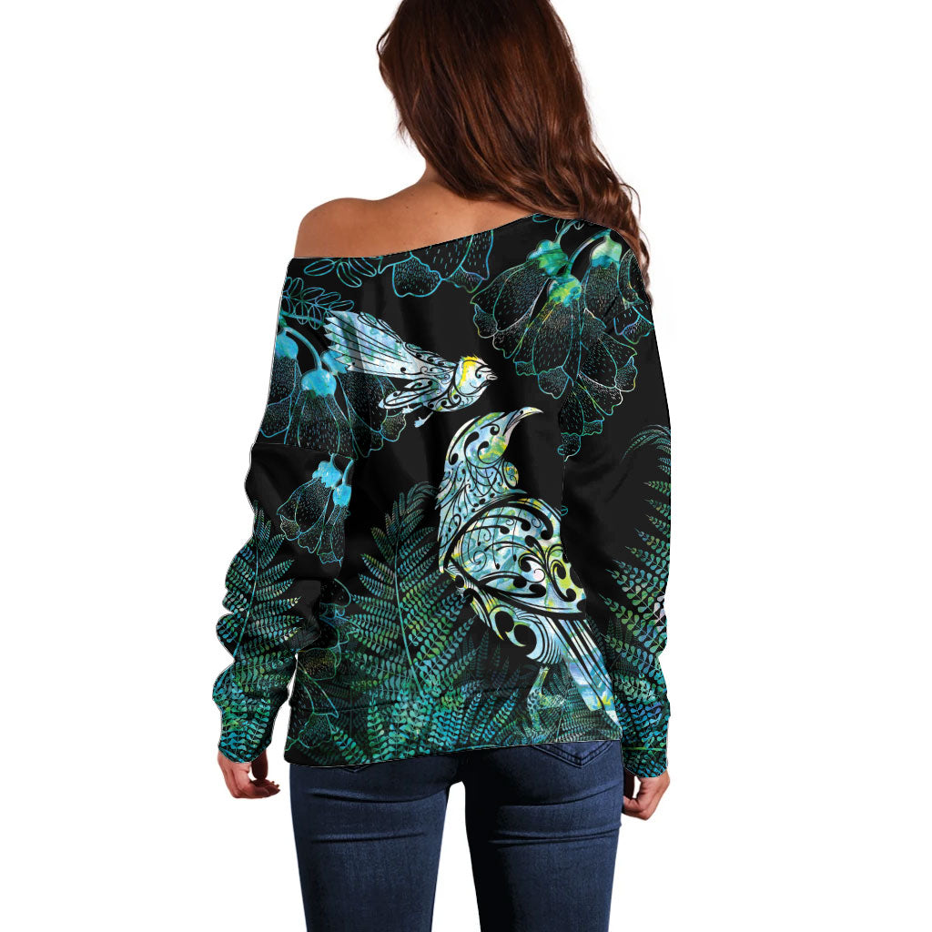 Aotearoa Maori Mahuru Off Shoulder Sweater Spring Time - Paua Shell Green LT7 - Polynesian Pride