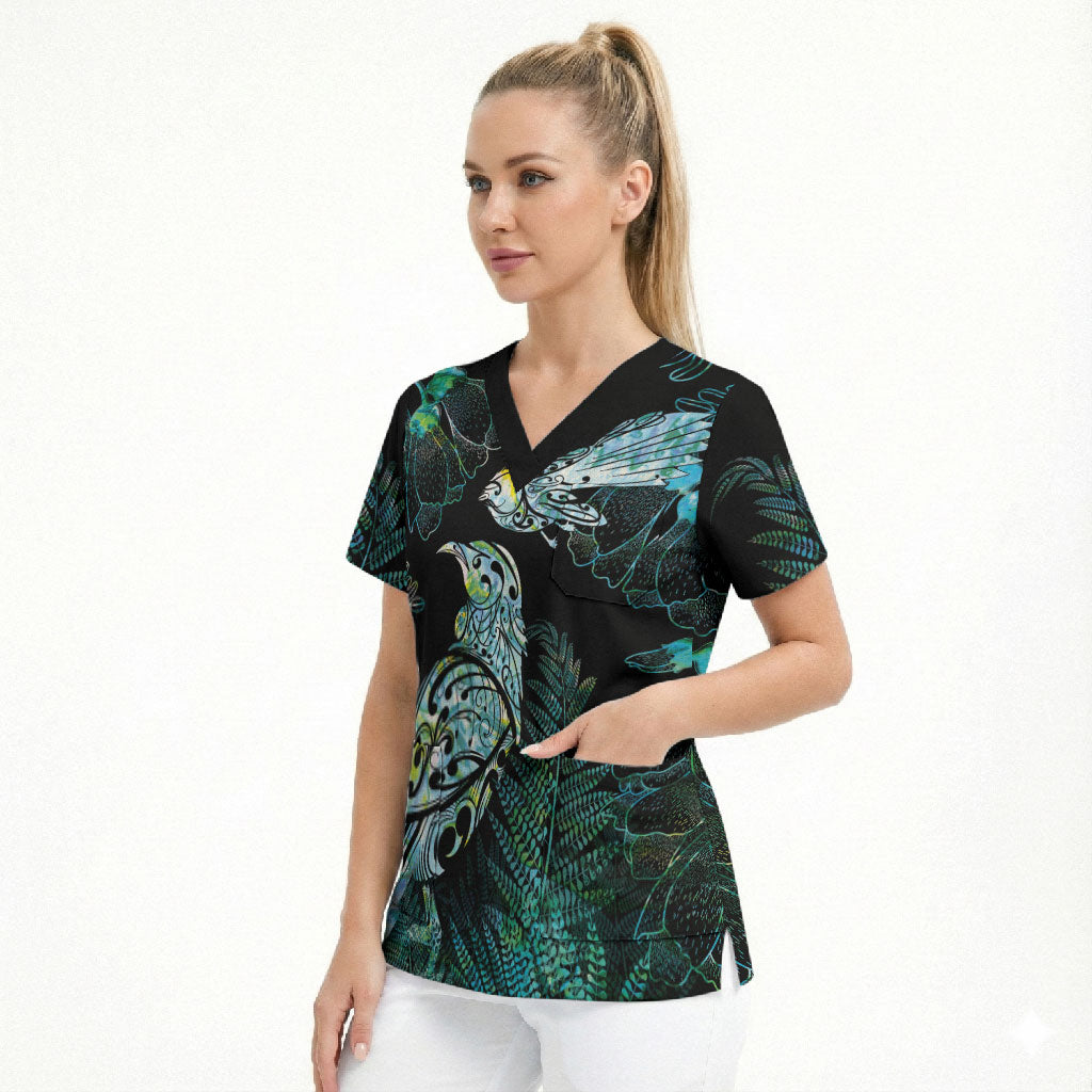 Aotearoa Maori Mahuru Scrub Top Spring Time - Paua Shell Green LT7 - Polynesian Pride