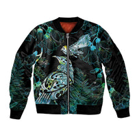 Aotearoa Maori Mahuru Sleeve Zip Bomber Jacket Spring Time - Paua Shell Green LT7 Unisex Black - Polynesian Pride