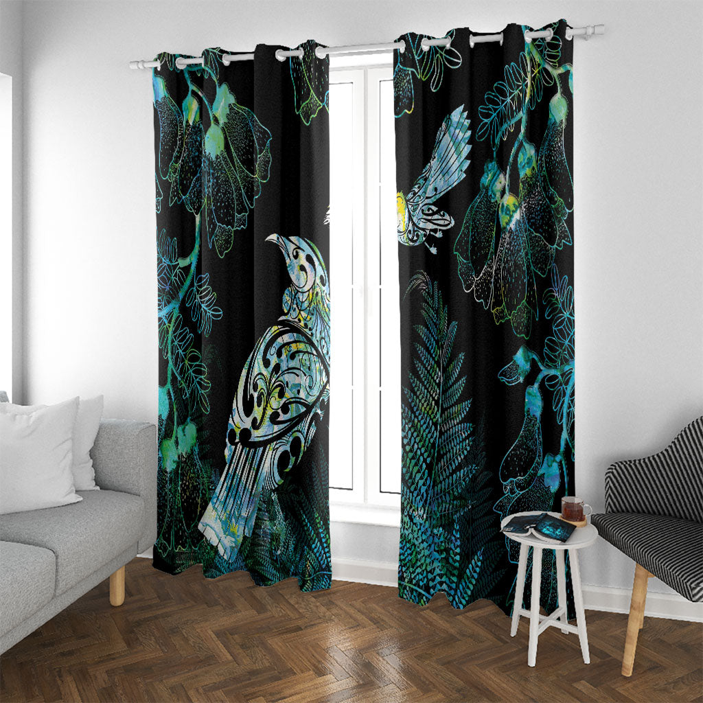 Aotearoa Maori Mahuru Window Curtain Spring Time - Paua Shell Green LT7 With Grommets Black - Polynesian Pride
