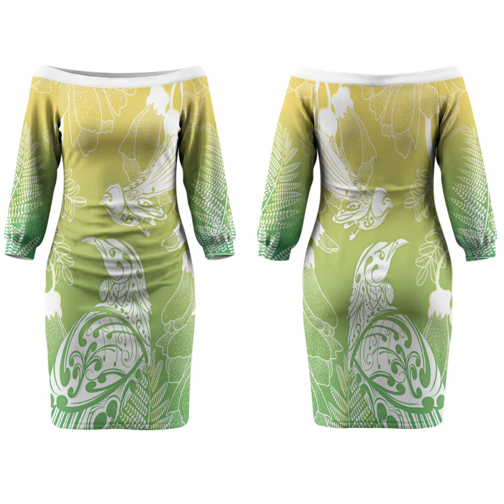 Aotearoa Maori Mahuru Tui With Pikawakawa Family Matching Off The Shoulder Long Sleeve Dress and Hawaiian Shirt Spring Time LT7 Mom's Dress Green - Polynesian Pride