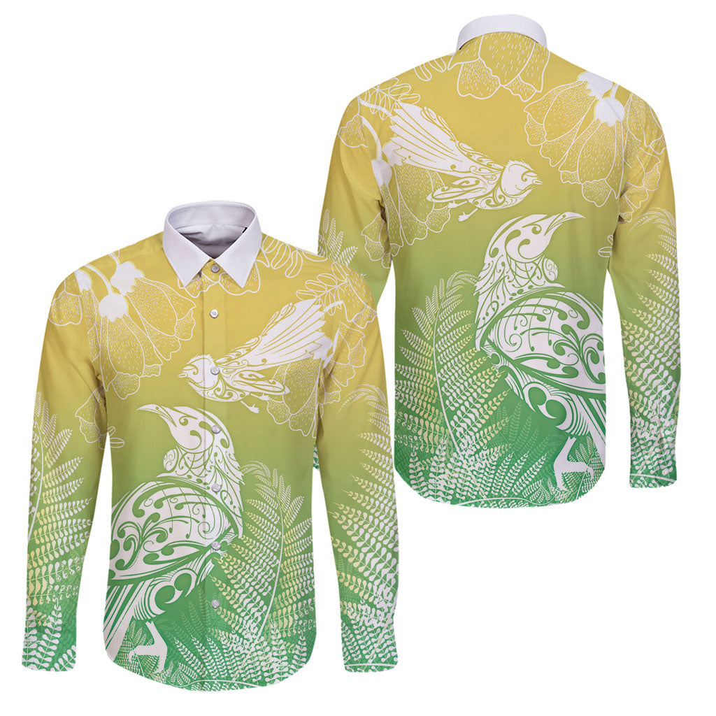Aotearoa Maori Mahuru Tui With Pikawakawa Family Matching Short Sleeve Bodycon Dress and Hawaiian Shirt Spring Time LT7 Dad's Shirt - Long Sleeve Green - Polynesian Pride