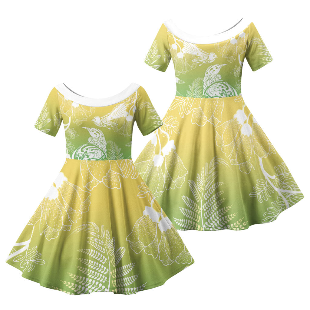 Aotearoa Maori Mahuru Tui With Pikawakawa Family Matching Short Sleeve Bodycon Dress and Hawaiian Shirt Spring Time LT7 Daughter's Dress Green - Polynesian Pride