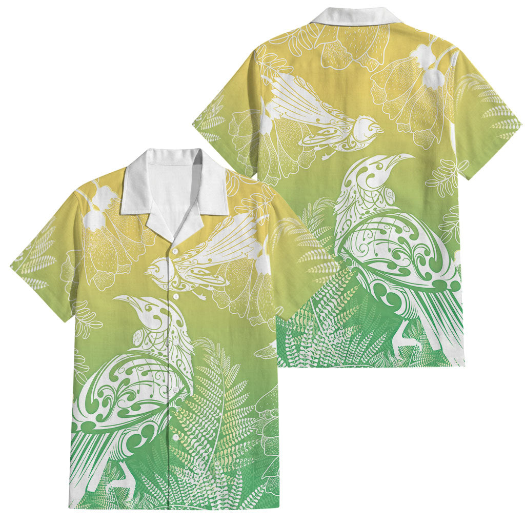 Aotearoa Maori Mahuru Tui With Pikawakawa Family Matching Tank Maxi Dress and Hawaiian Shirt Spring Time LT7 Dad's Shirt - Short Sleeve Green - Polynesian Pride