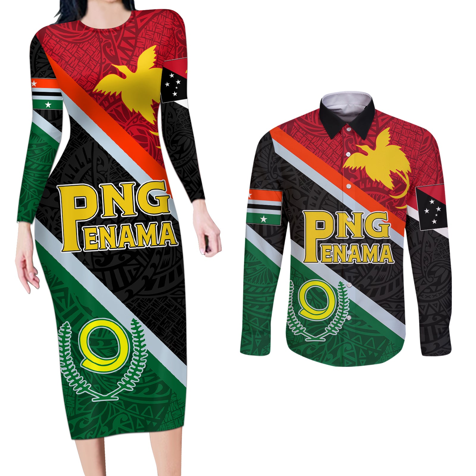 personalised-penama-and-papua-new-guinea-day-couples-matching-long-sleeve-bodycon-dress-and-long-sleeve-button-shirts-emblem-mix-style