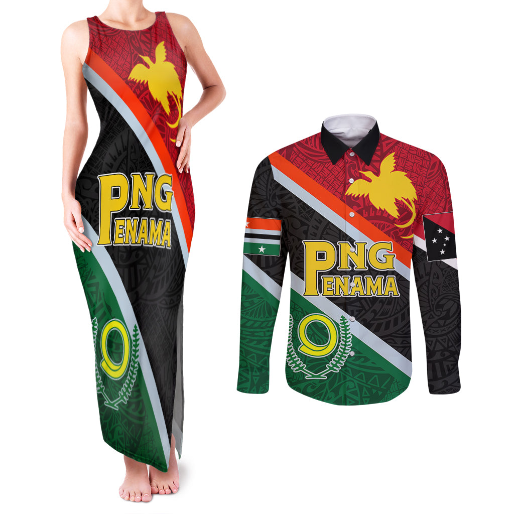 personalised-penama-and-papua-new-guinea-day-couples-matching-tank-maxi-dress-and-long-sleeve-button-shirts-emblem-mix-style