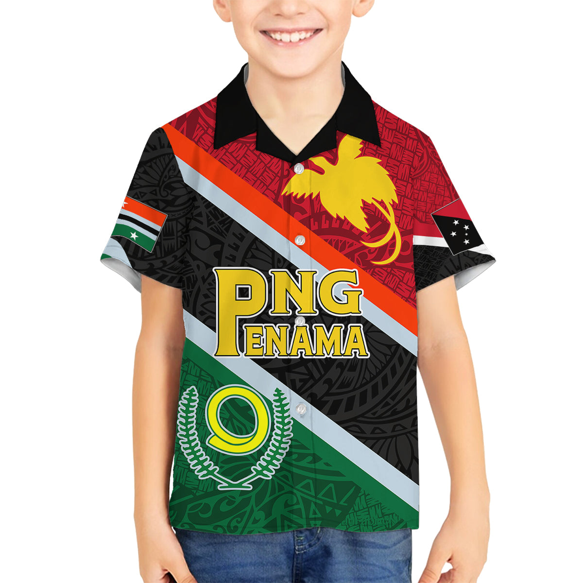 personalised-penama-and-papua-new-guinea-day-family-matching-off-shoulder-long-sleeve-dress-and-hawaiian-shirt-emblem-mix-style