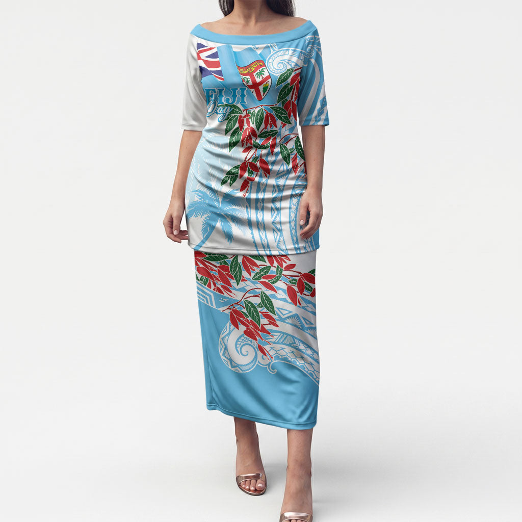 Bula Fiji Day Tagimaucia Palms Puletasi Toso Mai Viti LT7 Long Dress Turquoise - Polynesian Pride